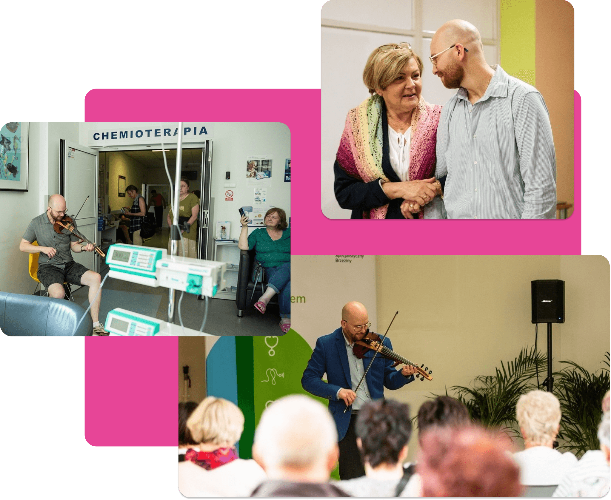 Zdjęcie Artura grającego utwór dla pacjentów chemioterapii w Brzezinach